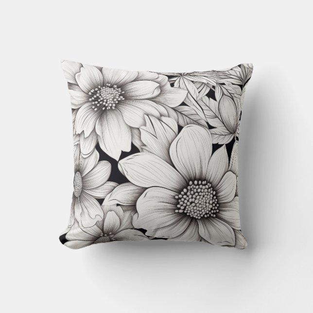 Coussin Fleurs Noir Blanc Dessin au Trait Main Levée (Recto)