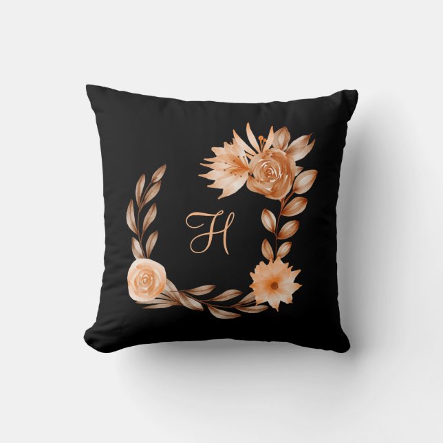 Coussin Fleurs noir marron et pêche monogrammées (Recto)