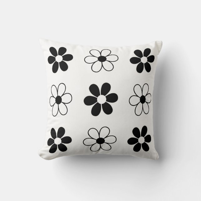 Coussin Fleurs noires et blanches modernes sur fond blanc (Recto)