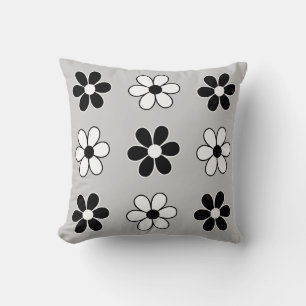 Coussin Fleurs noires et blanches modernes sur gris argent