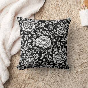 Coussin Fleurs noires et blanches, motif sans couture vint