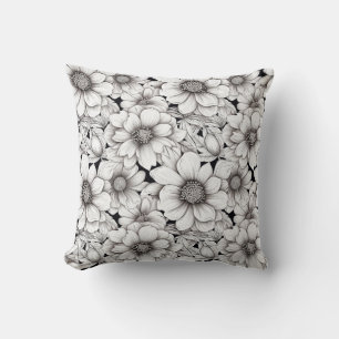 Coussin Fleurs noires et blanches neutres Jardin botanique