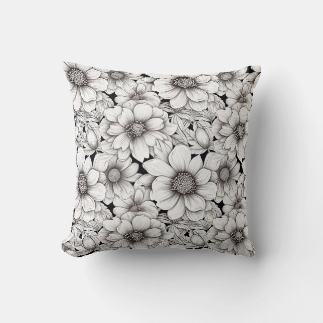 Coussin Fleurs noires et blanches neutres Jardin botanique (Recto)