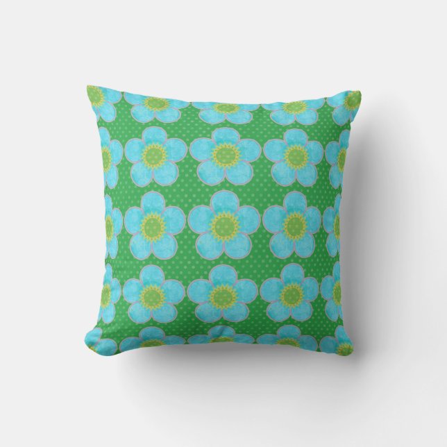 Coussin Fleurs Numériques Aqua Bleu et Vert à pois (Recto)