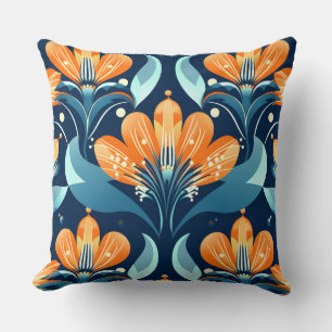 Coussin Fleurs orange bleu Art Déco