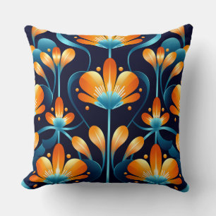 Coussin Fleurs orange bleu Art Déco