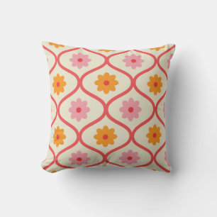 Coussin Fleurs orange et rose rétro sur motif Ogee 