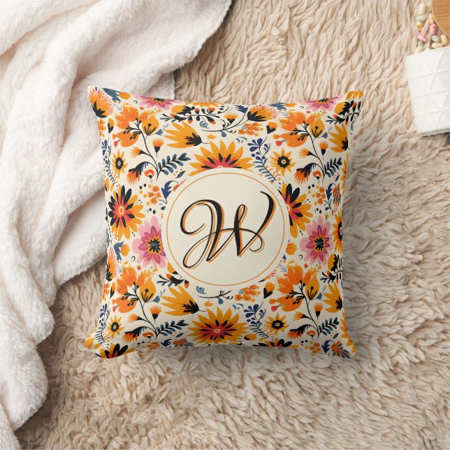 Coussin Fleurs orange mignonnes Folk mexicain (Couverture)