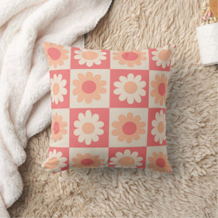 Coussin Fleurs orange pêche à carreaux 