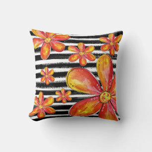Coussin Fleurs orange sur bandes noires
