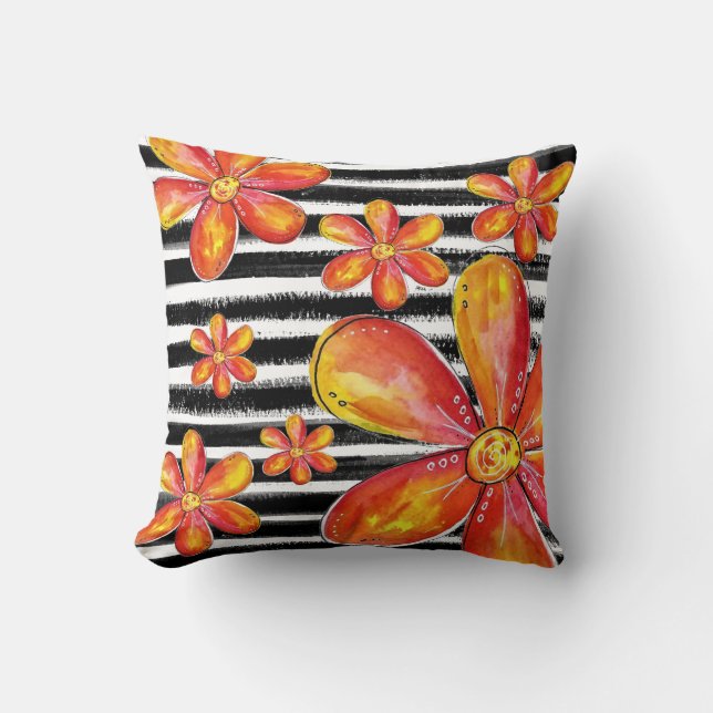 Coussin Fleurs orange sur bandes noires (Recto)