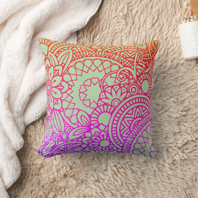 Coussin Fleurs orange violet et fond de sauge doux (Couverture)