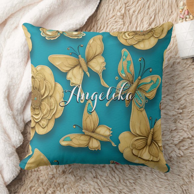 Coussin Fleurs Papillons Paillettes Dorées Turquoise Nom P (Couverture)