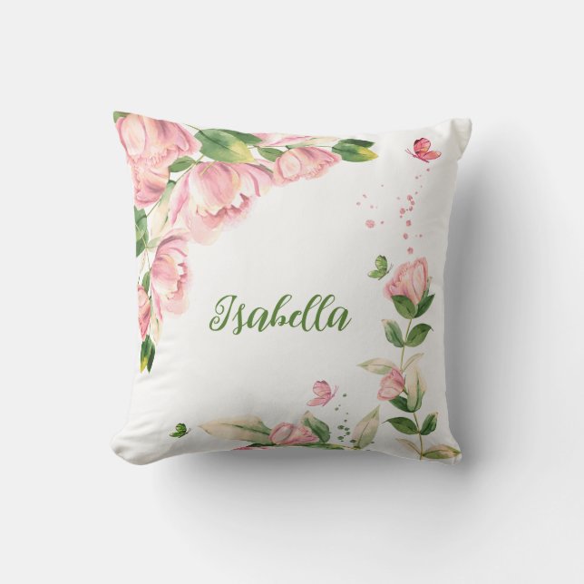 Coussin Fleurs papillons roses romantiques  (Recto)