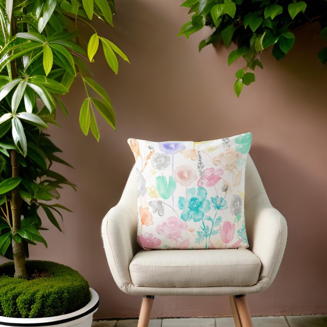 Coussin Fleurs pastel Aquarelles Turquoise rose orange or (Créateur téléchargé)