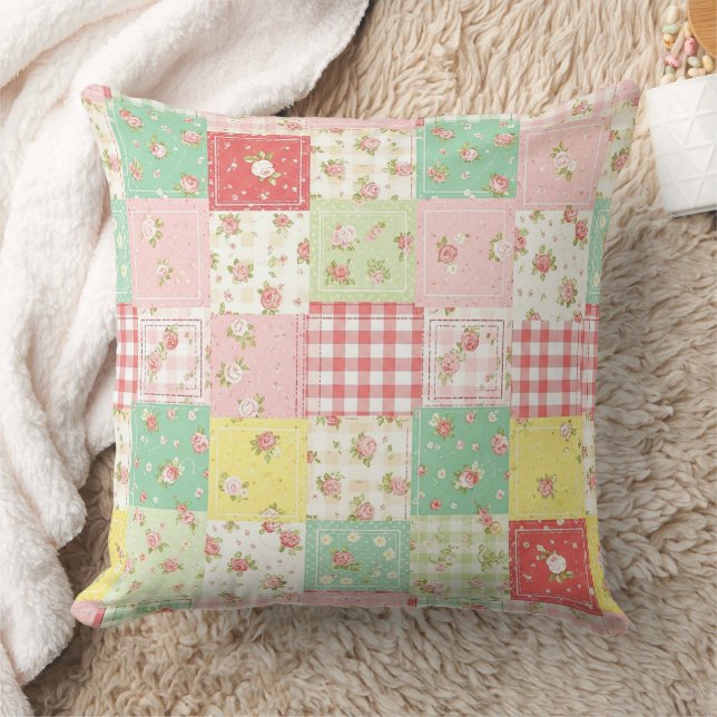 Coussin Fleurs pastel douces Patchwork Gingham à carreaux (Couverture)