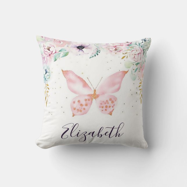 Coussin Fleurs pastel et papillon personnalisés (Recto)