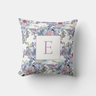 Coussin Fleurs pastel rose bleu violet Monogramme blanc