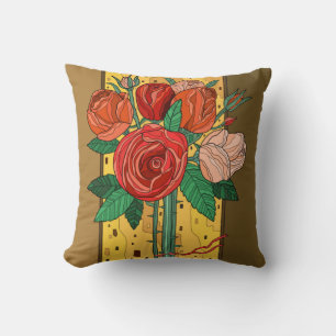 Coussin Fleurs peintes, roses du sud-ouest sur brun