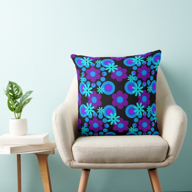 Coussin Fleurs Perles Donuts bleu turquoise pourpre noir (Chaise)