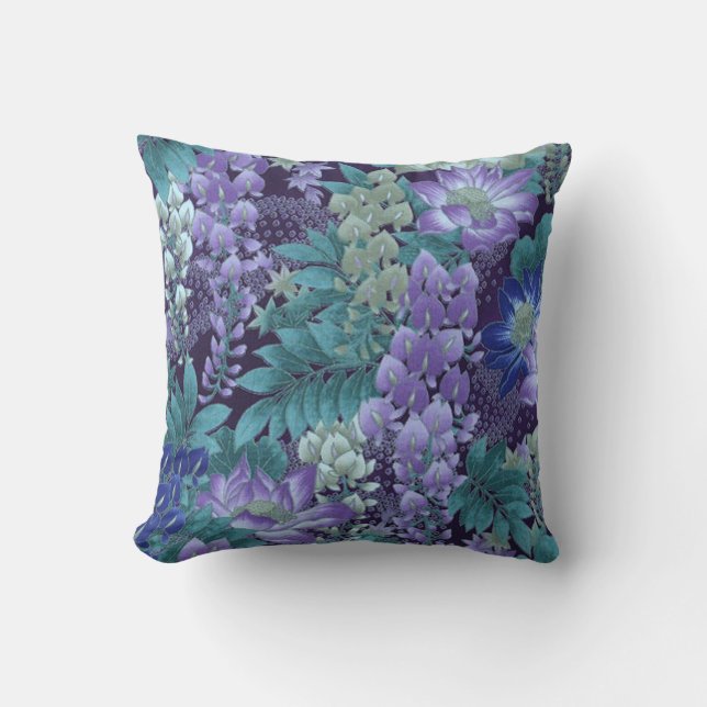 Coussin Fleurs pourpres et turquoises de jungle (Recto)