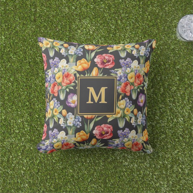 Coussin Fleurs printanières colorées jardin monogrammé (Herbe)