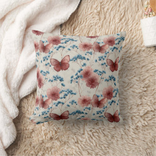 Coussin Fleurs printanières vintage et papillons roses