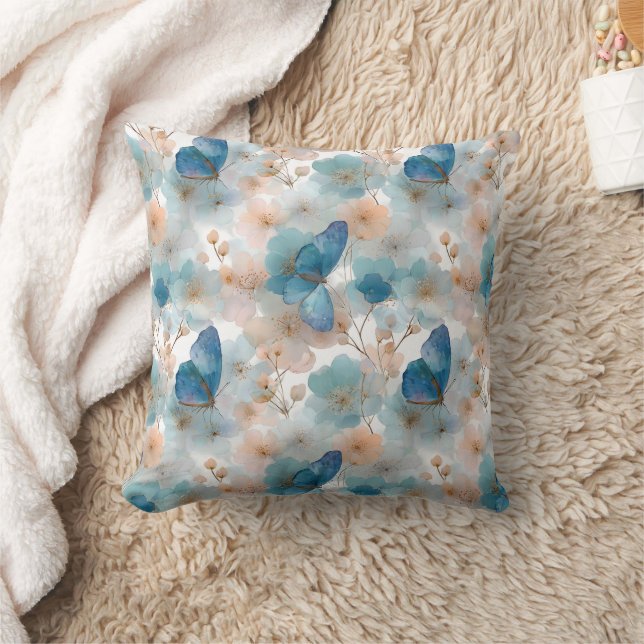 Coussin Fleurs printanières vintage & Papillon bleu (Couverture)