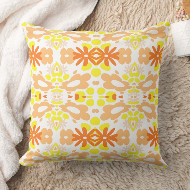 Coussin Fleurs psychédéliques & Coeur Orange Jaune Blanc (Couverture)