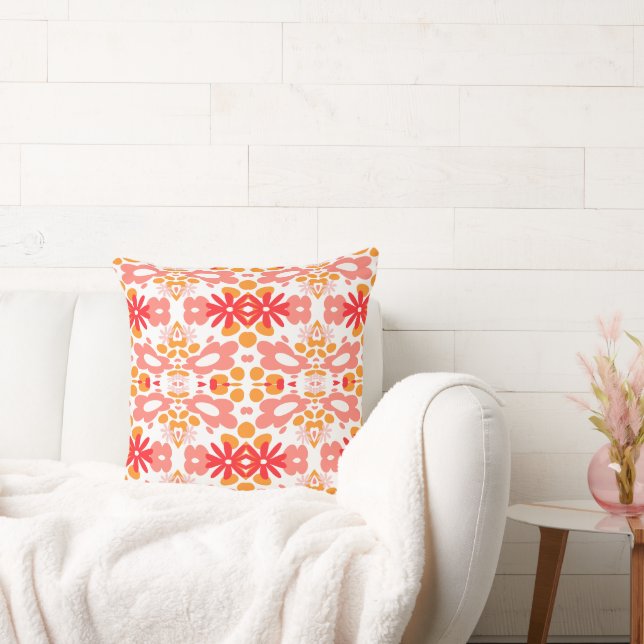 Coussin Fleurs psychédéliques & Coeur Rouge Orange Blanc (Canapé)