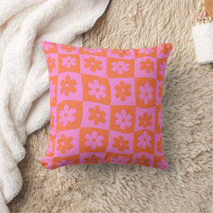 Coussin Fleurs Rétro Déformées Rose et Orange à Damier 