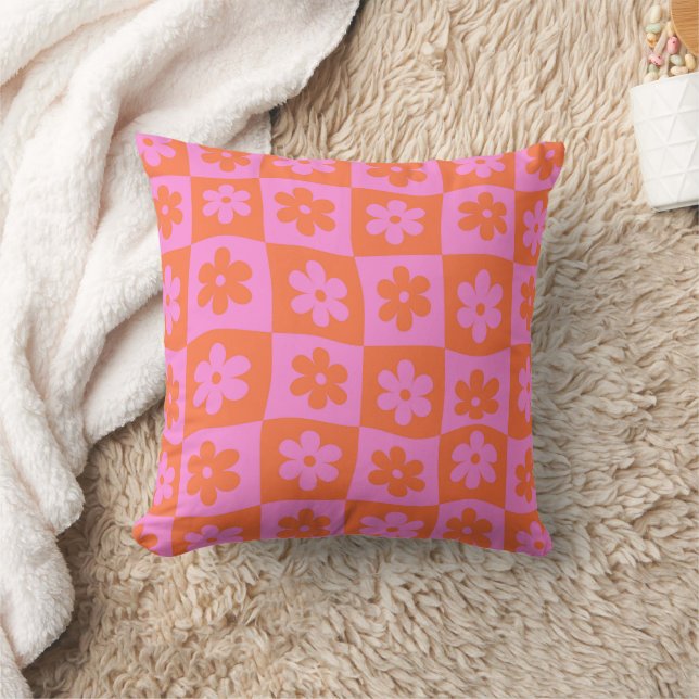 Coussin Fleurs Rétro Déformées Rose et Orange à Damier  (Couverture)