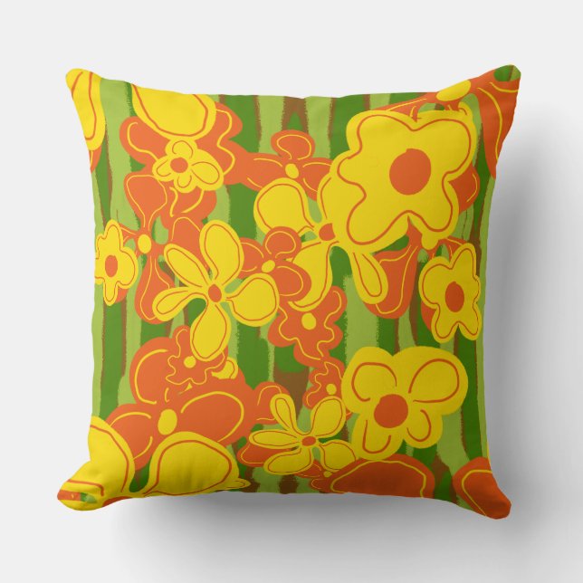 Coussin Fleurs rétro orange jaune sur vert rayé (Recto)