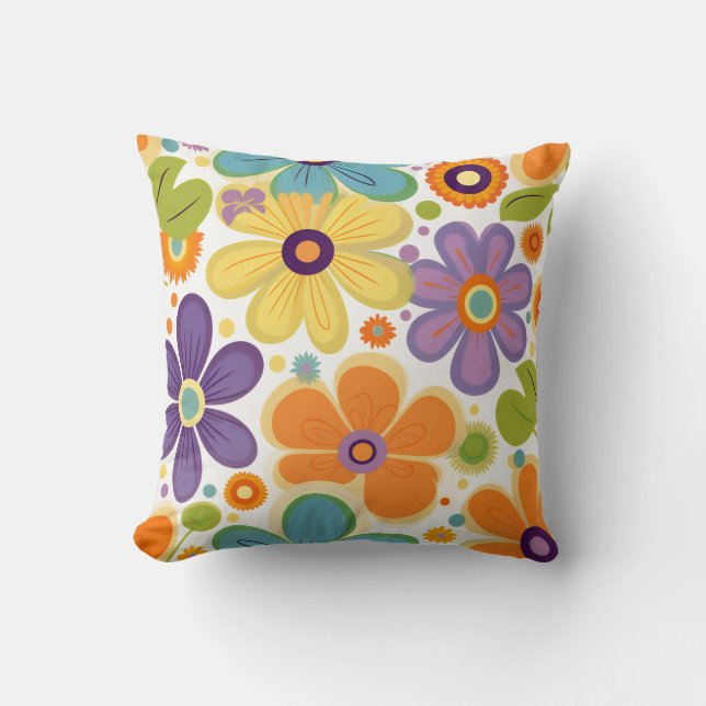 Coussin Fleurs Rétro Orange Lilac Green (Recto)