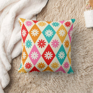 Coussin Fleurs Rétro sur Diamants Arlequin Colorés