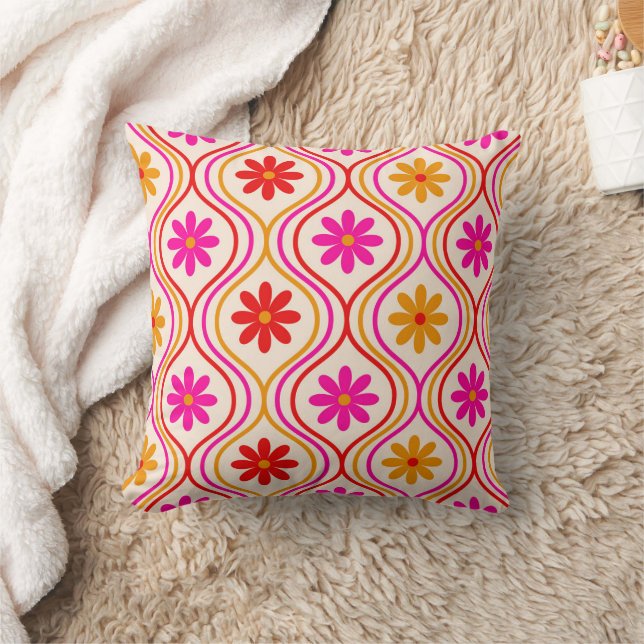 Coussin Fleurs Rétro sur Motif Ogee Rouge Orange Rose  (Couverture)