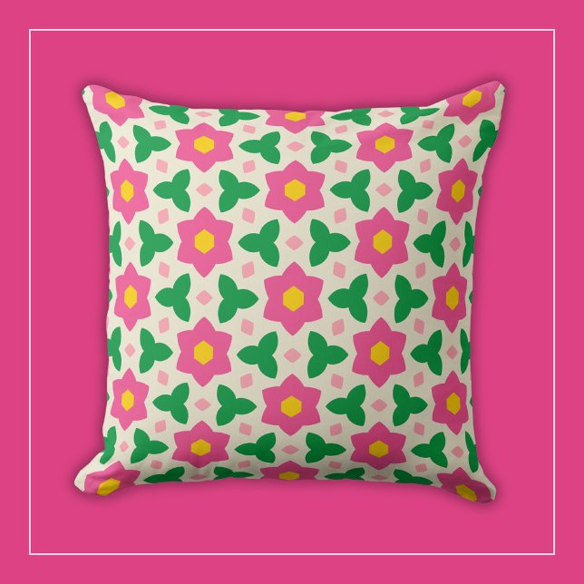 Coussin Fleurs rose chaud Mod avec floral géométrique vert (Créateur téléchargé)