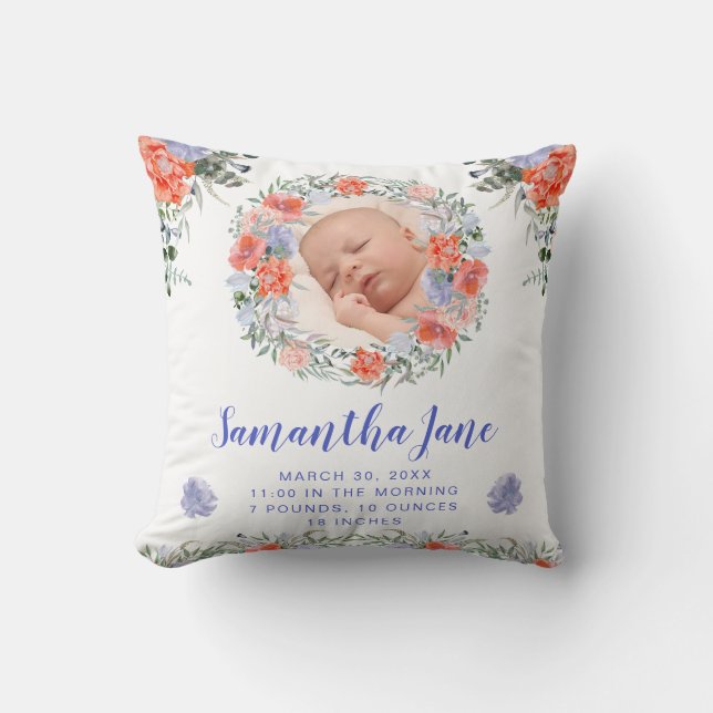Coussin Fleurs Rose et Violet Aquarelle Photo de Bébé (Recto)
