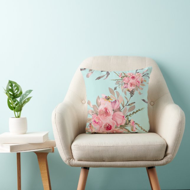 Coussin Fleurs rose pâle sur bleu clair (Chaise)