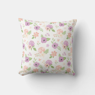 Coussin Fleurs rose poudré et verdure florale violette