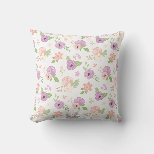 Coussin Fleurs rose poudré et verdure florale violette (Recto)