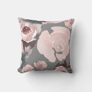 Coussin Fleurs roses à l'aquarelle sur fond de charbon de