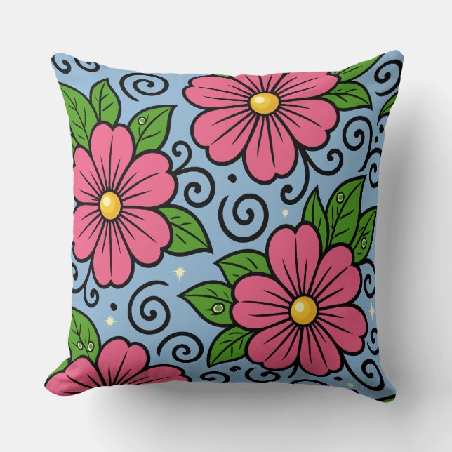 Coussin Fleurs roses avec feuilles vertes et détails courb (Recto)