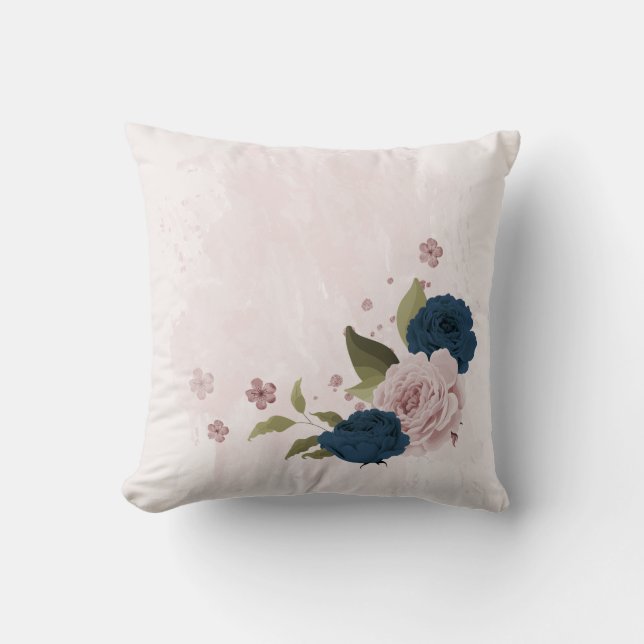 Coussin fleurs roses bleu marine  (Recto)