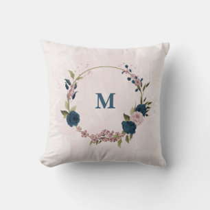 Coussin fleurs roses bleu marine