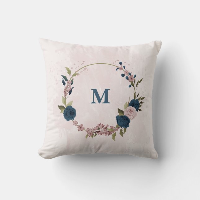 Coussin fleurs roses bleu marine  (Recto)