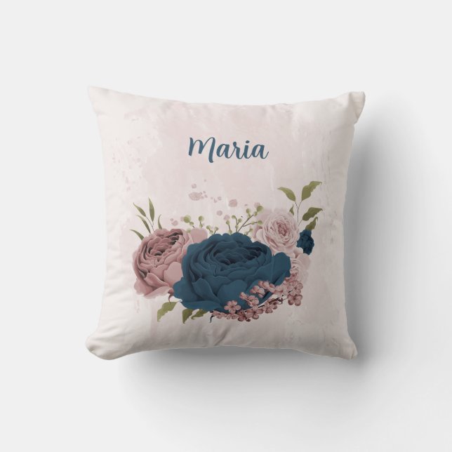 Coussin fleurs roses bleu marine  (Recto)