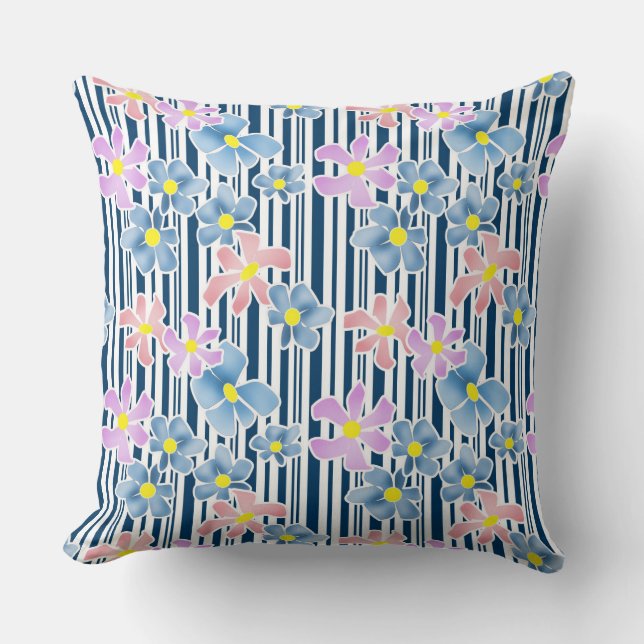 Coussin Fleurs roses bleues sur rayé blanc-bleu arrière -  (Recto)