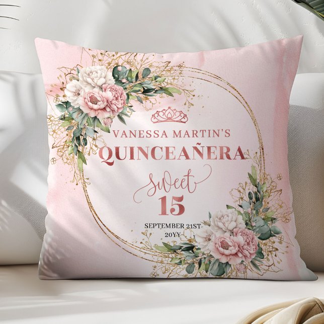 Coussin Fleurs roses blush Eucalyptus Cadeau Quinceañera   (Blush Pink Flowers Eucalyptus Quinceañera Gift Pillow)