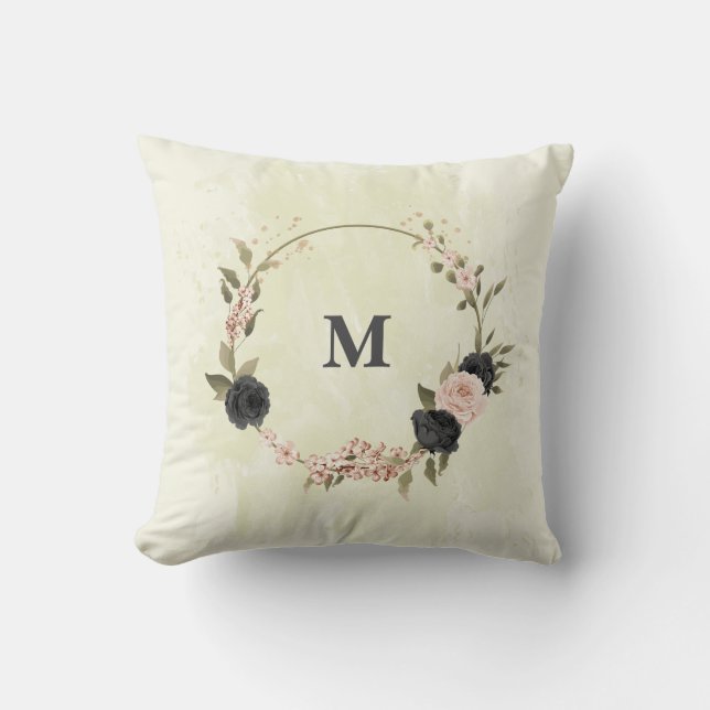 Coussin fleurs roses blush noir (Recto)